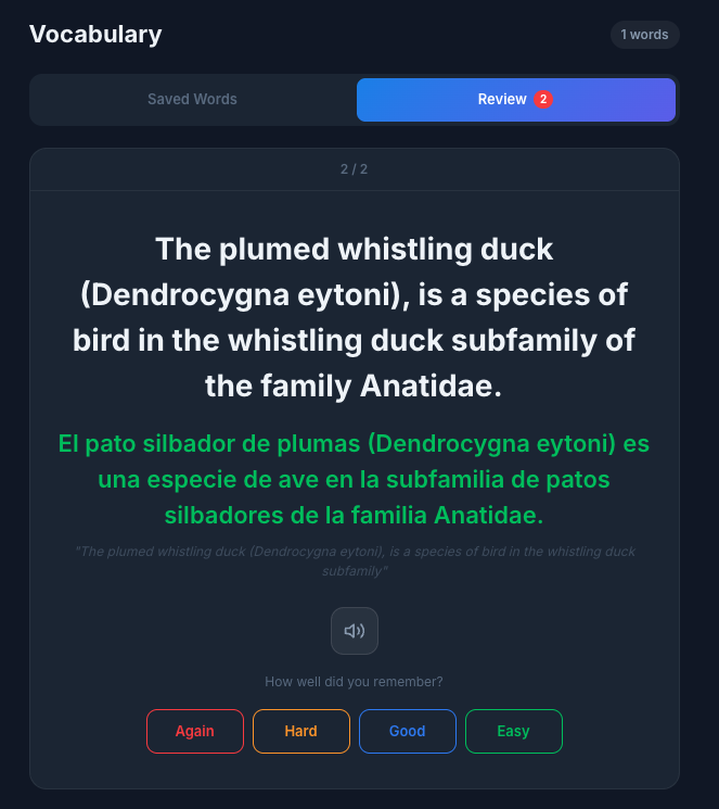 Flashcard showing translation, audio, and difficulty rating